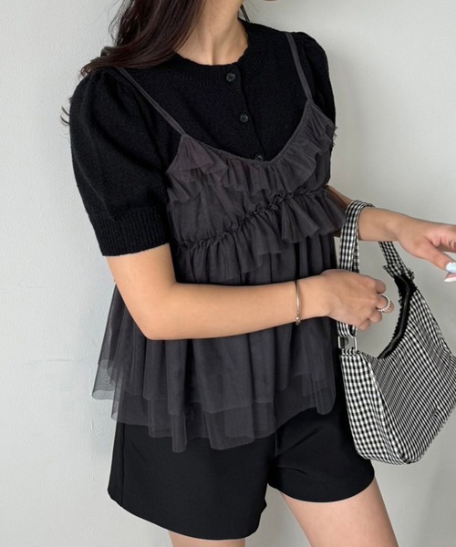 one after another NICE CLAUP（ワンアフターアナザーナイスクラップ）の「チュールビスチェセットカーディガン（アンサンブル・レディース・ライトグレー/ピンク/ブラック/オフホワイト・FREE）」の4枚目の写真