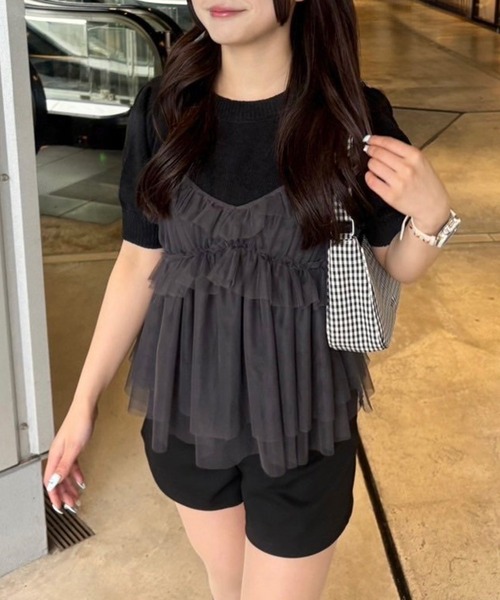 one after another NICE CLAUP（ワンアフターアナザーナイスクラップ）の「チュールビスチェセットカーディガン（アンサンブル・レディース・ライトグレー/ピンク/ブラック/オフホワイト・FREE）」の10枚目の写真