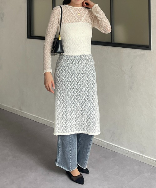 Thevon（ゼボン）の「シアーレースレイヤードワンピース（チュニック・レディース・アイボリー/ブラック・FREE）」の10枚目の写真