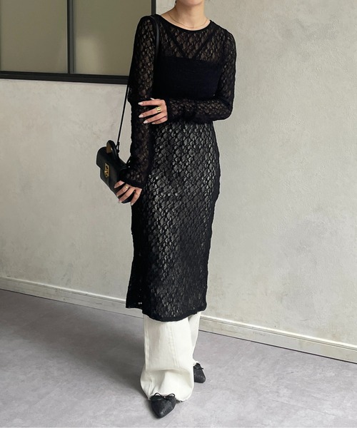 Thevon（ゼボン）の「シアーレースレイヤードワンピース（チュニック・レディース・アイボリー/ブラック・FREE）」の7枚目の写真