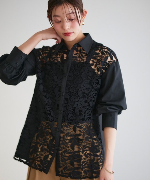 Pierrot(ピエロ)の「ケミカルレースシャツ(シャツ/ブラウス・レディース・ブラック/オフホワイト・S/M/L)」の2枚目の写真