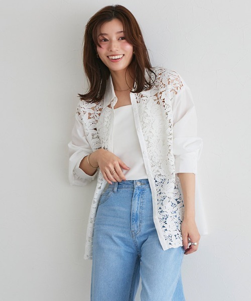 Pierrot(ピエロ)の「ケミカルレースシャツ(シャツ/ブラウス・レディース・ブラック/オフホワイト・S/M/L)」の4枚目の写真