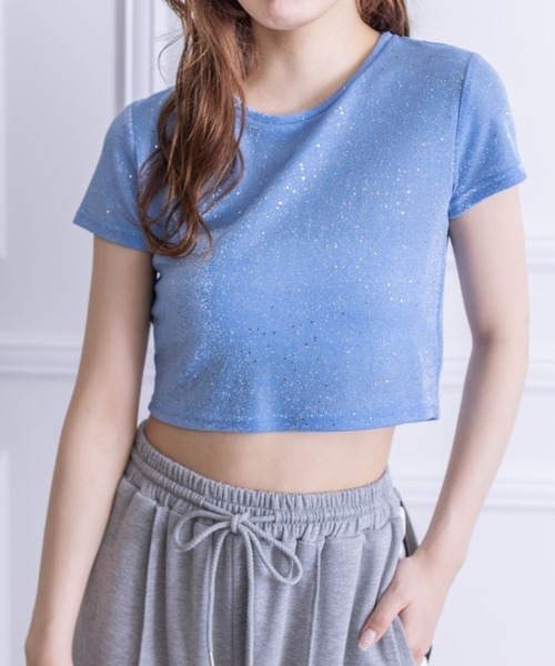 clear（クリア）の「ラメチビTシャツ［ショート丈 半袖 大人 カジュアル］≪再入荷≫（Tシャツ/カットソー・レディース・サックスブルー/ピンク/シルバー・F）」の2枚目の写真