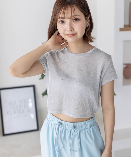 clear（クリア）の「ラメチビTシャツ［ショート丈 半袖 大人 カジュアル］≪再入荷≫（Tシャツ/カットソー・レディース・サックスブルー/ピンク/シルバー・F）」の15枚目の写真