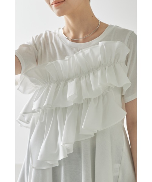 &. NOSTALGIA(アンドドットノスタルジア)の「フリルギャザーカットプルオーバー(Tシャツ/カットソー・レディース・ブラック/オフホワイト・M)」の1枚目の写真