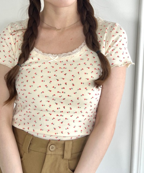 √nuage(ルートニュアージュ)の「アソートパターンレーストリムトップス(Tシャツ/カットソー・レディース・アイボリー/その他2/その他1/ネイビー/ホワイト・FREE)」の3枚目の写真