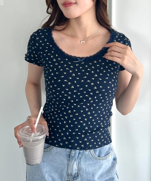 √nuage(ルートニュアージュ)の「アソートパターンレーストリムトップス(Tシャツ/カットソー・レディース・アイボリー/その他2/その他1/ネイビー/ホワイト・FREE)」の17枚目の写真
