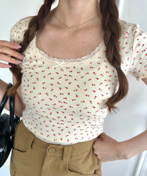 √nuage(ルートニュアージュ)の「アソートパターンレーストリムトップス(Tシャツ/カットソー・レディース・アイボリー/その他2/その他1/ネイビー/ホワイト・FREE)」の15枚目の写真