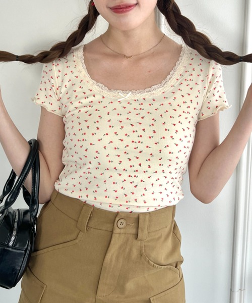√nuage(ルートニュアージュ)の「アソートパターンレーストリムトップス(Tシャツ/カットソー・レディース・アイボリー/その他2/その他1/ネイビー/ホワイト・FREE)」の10枚目の写真