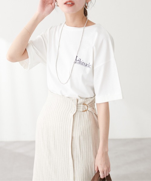 natural couture(ナチュラルクチュール)の「<サスティナ>オーガビッツ袖口ロールUP半袖Tシャツ(Tシャツ/カットソー・レディース・スミクロ/ラベンダー/オフホワイト・FREE)」の6枚目の写真