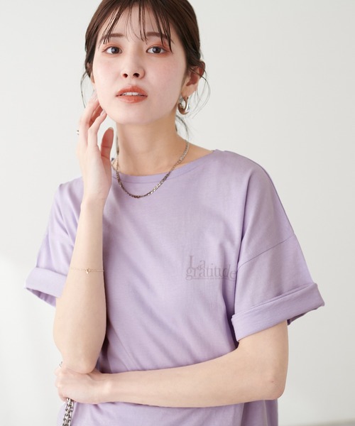 natural couture(ナチュラルクチュール)の「<サスティナ>オーガビッツ袖口ロールUP半袖Tシャツ(Tシャツ/カットソー・レディース・スミクロ/ラベンダー/オフホワイト・FREE)」の18枚目の写真
