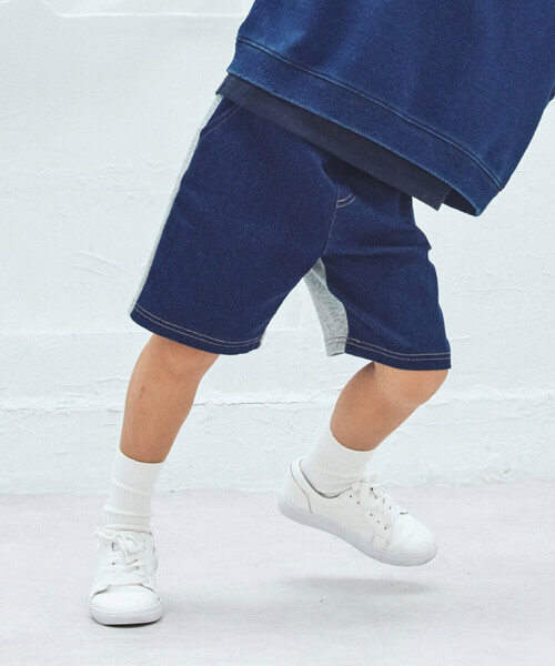 COMME CA ISM(コムサイズム)の「ストレッチデニム/ヒッコリー×裏毛 ドッキングハーフパンツ(その他パンツ・キッズ・ネイビー系/インディゴブルー・100cm/150cm/140cm/130cm/120cm/110cm)」の2枚目の写真