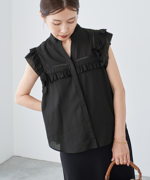 IENA イエナ　コットンフレンチフリルブラウス　新品　ブラック イエナ IENA 《追加》コットンフレンチフリルブラウス