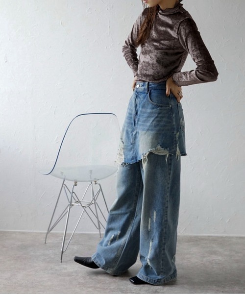 ap retro（アプレトロ）の「スカートレイヤードダメージデニムパンツ《動画あり》（デニムパンツ・レディース・グレー/ブルー・MEDIUM/LARGE）」の3枚目の写真