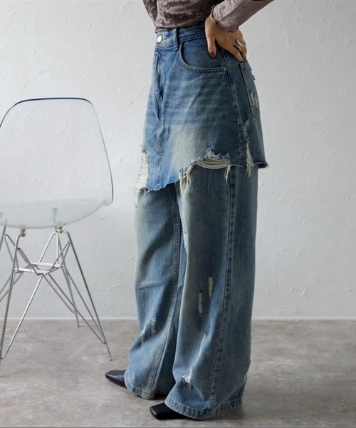 ap retro（アプレトロ）の「スカートレイヤードダメージデニムパンツ《動画あり》（デニムパンツ・レディース・グレー/ブルー・MEDIUM/LARGE）」の6枚目の写真