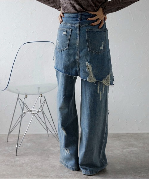 ap retro（アプレトロ）の「スカートレイヤードダメージデニムパンツ《動画あり》（デニムパンツ・レディース・グレー/ブルー・MEDIUM/LARGE）」の7枚目の写真