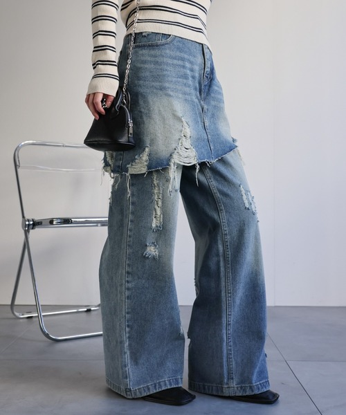 セール】スカートレイヤードダメージデニムパンツ《動画あり》（デニム