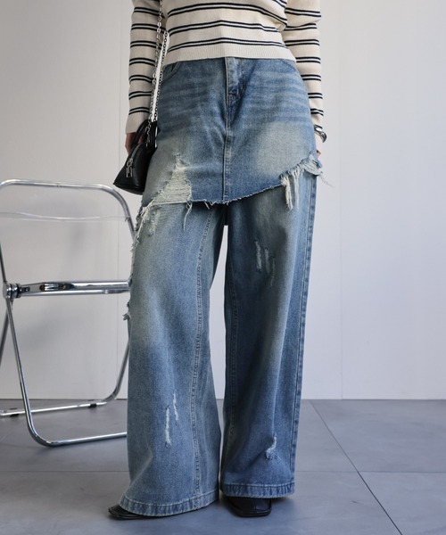 セール】スカートレイヤードダメージデニムパンツ《動画あり》（デニム