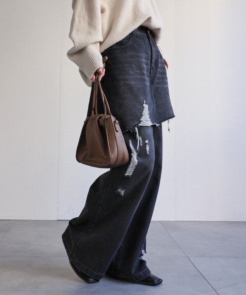 セール】スカートレイヤードダメージデニムパンツ《動画あり》（デニム