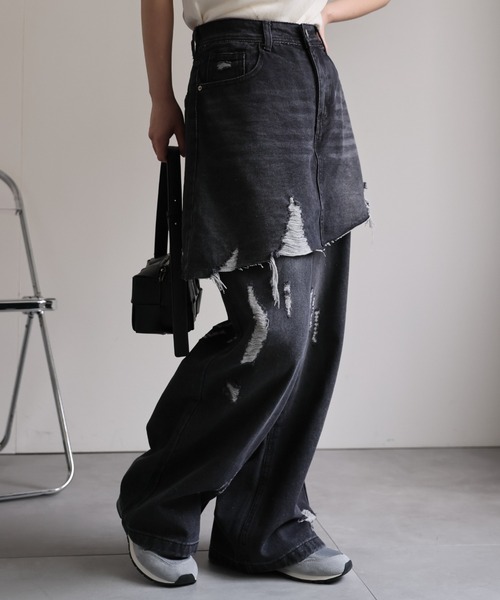 セール】スカートレイヤードダメージデニムパンツ《動画あり》（デニム