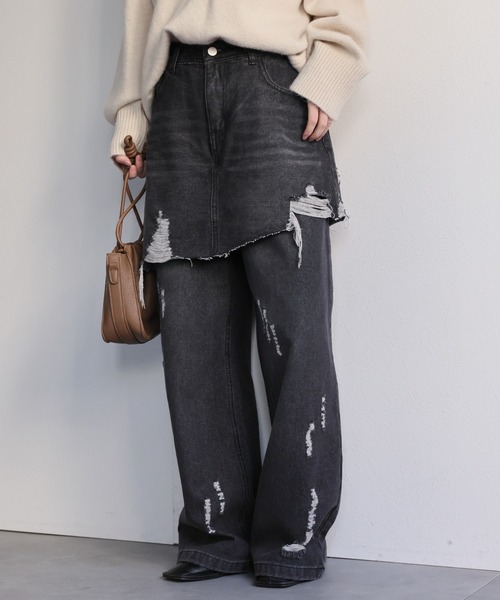 セール】スカートレイヤードダメージデニムパンツ《動画あり》（デニム