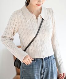 ダブルZIPショート丈ケーブルニットプルオーバー