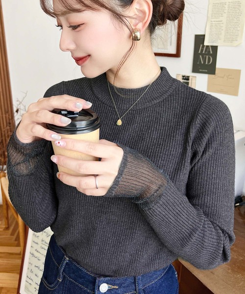 【ライトベージュ】MIXシアーリブニット/23AW シアー切替リブニット | NATURAL BEAUTY BASIC（ナチュラル