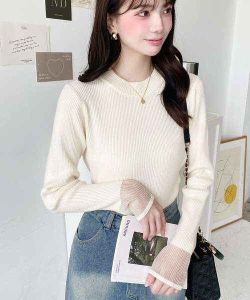 セール】12Gクルーネック袖シアーリブニットプルオーバー（ニット