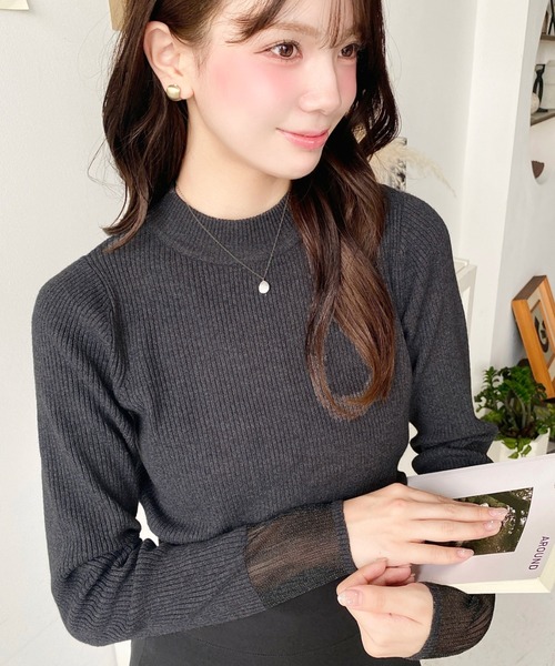 セール】12Gクルーネック袖シアーリブニットプルオーバー（ニット