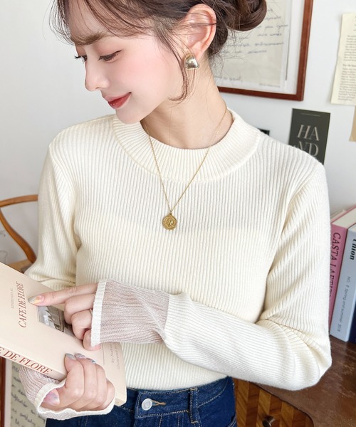 セール】12Gクルーネック袖シアーリブニットプルオーバー（ニット