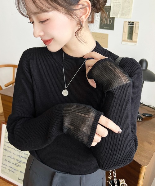 セール】12Gクルーネック袖シアーリブニットプルオーバー（ニット