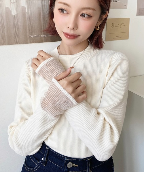 セール】12Gクルーネック袖シアーリブニットプルオーバー（ニット