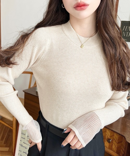 セール】12Gクルーネック袖シアーリブニットプルオーバー（ニット