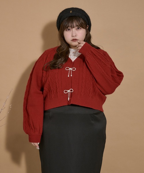 大きいサイズ】リボンケーブルカーディガン（ニット/セーター