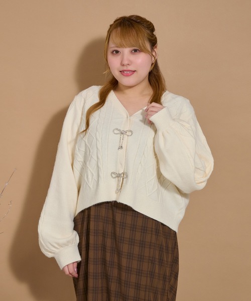 大きいサイズ】リボンケーブルカーディガン（ニット/セーター