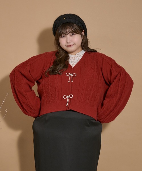 Louiosy（ルオシー）の「【大きいサイズ】リボンケーブルカーディガン（ニット/セーター・レディース・レッド/ブラック/アイボリー・3L/4L）」の14枚目の写真