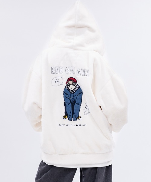 Red Cap Girl(レッドキャプガール)の「【a-r】〔Red Cap Girl/レッドキャップガール〕ラビットファー バックフェルト刺繍 フードジャケット(ブルゾン・レディース・ホワイト/ブラック/モカ・MEDIUM/LARGE)」の10枚目の写真