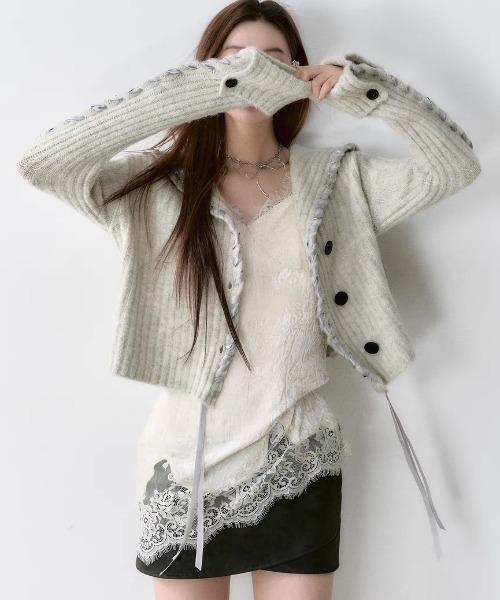 ★極美品　アルベロベロ シャツワンピース　サマーカーディガン　レース　リボン セール】セーラー襟リボン編み込みデザイン ニットカーディガン