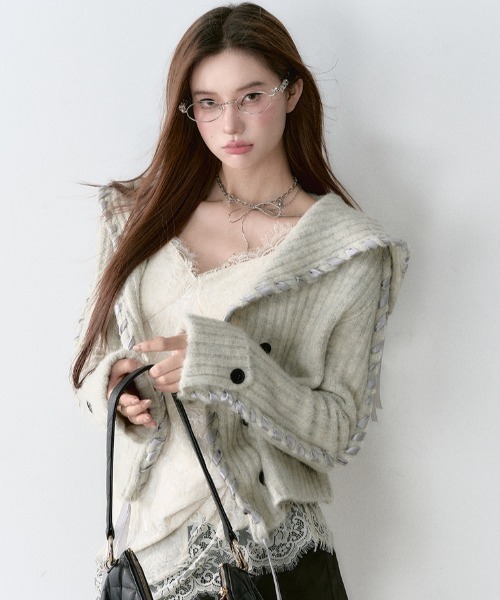 セール】セーラー襟リボン編み込みデザイン ニットカーディガン