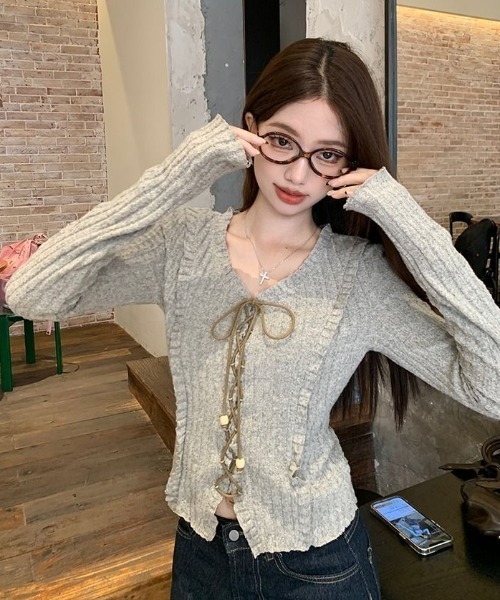 GEMEDA(ジェメダ)の「グランジレースアップニットソー(ニット/セーター・レディース・グレー/ライトパープル・M)」の16枚目の写真