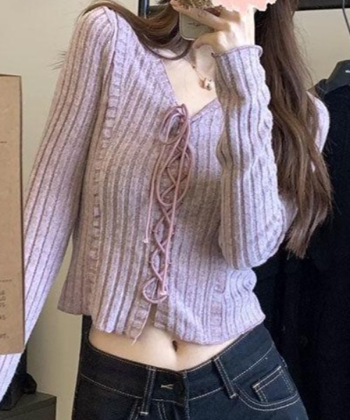 GEMEDA(ジェメダ)の「グランジレースアップニットソー(ニット/セーター・レディース・グレー/ライトパープル・M)」の22枚目の写真