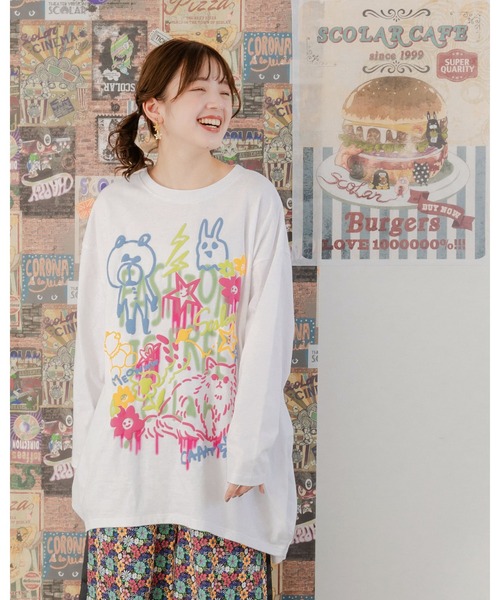 ScoLar(スカラー)の「151636:アニマルらくがき柄発泡プリントチュニック(Tシャツ/カットソー・レディース・ブラック/オフホワイト/パープル・M)」の6枚目の写真