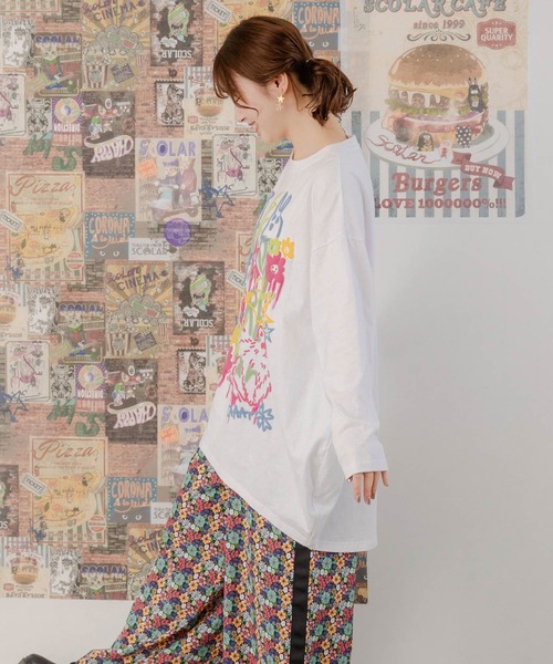 ScoLar(スカラー)の「151636:アニマルらくがき柄発泡プリントチュニック(Tシャツ/カットソー・レディース・ブラック/オフホワイト/パープル・M)」の9枚目の写真