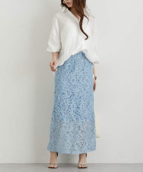 nissen（ニッセン）の「レースコード刺しゅうナロースカート（スカート・レディース・サックスブルー/ブラック/キナリ・M/L/LL）」の8枚目の写真