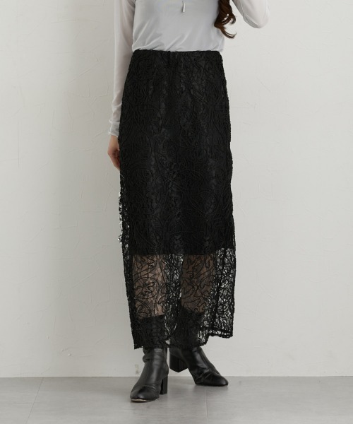 nissen（ニッセン）の「レースコード刺しゅうナロースカート（スカート・レディース・サックスブルー/ブラック/キナリ・M/L/LL）」の16枚目の写真