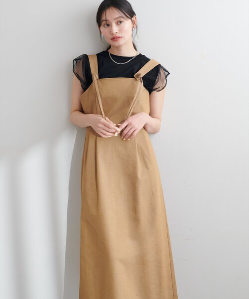 natural couture(ナチュラルクチュール)の「リボンディティールジャンスカワンピース(ワンピース・レディース・インディゴブルー/ベージュ/アイボリー/グレー・FREE)」の4枚目の写真