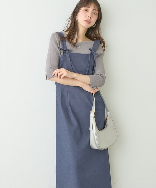 natural couture(ナチュラルクチュール)の「リボンディティールジャンスカワンピース(ワンピース・レディース・インディゴブルー/ベージュ/アイボリー/グレー・FREE)」の7枚目の写真
