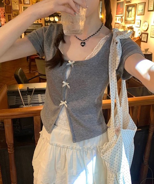 SpRay（スプレイ）の「テレコレ－スリボントップス（Tシャツ/カットソー・レディース・ブラック/サックスブルー/グレー/ホワイト/ピンク・FREE）」の3枚目の写真