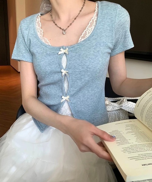 SpRay（スプレイ）の「テレコレ－スリボントップス（Tシャツ/カットソー・レディース・ブラック/サックスブルー/グレー/ホワイト/ピンク・FREE）」の4枚目の写真