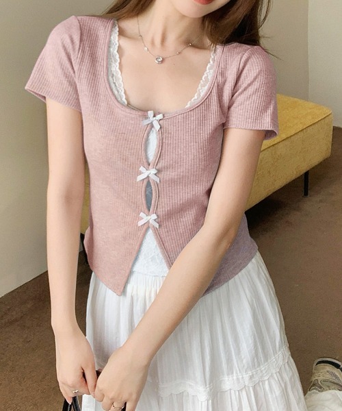 SpRay（スプレイ）の「テレコレ－スリボントップス（Tシャツ/カットソー・レディース・ブラック/サックスブルー/グレー/ホワイト/ピンク・FREE）」の5枚目の写真